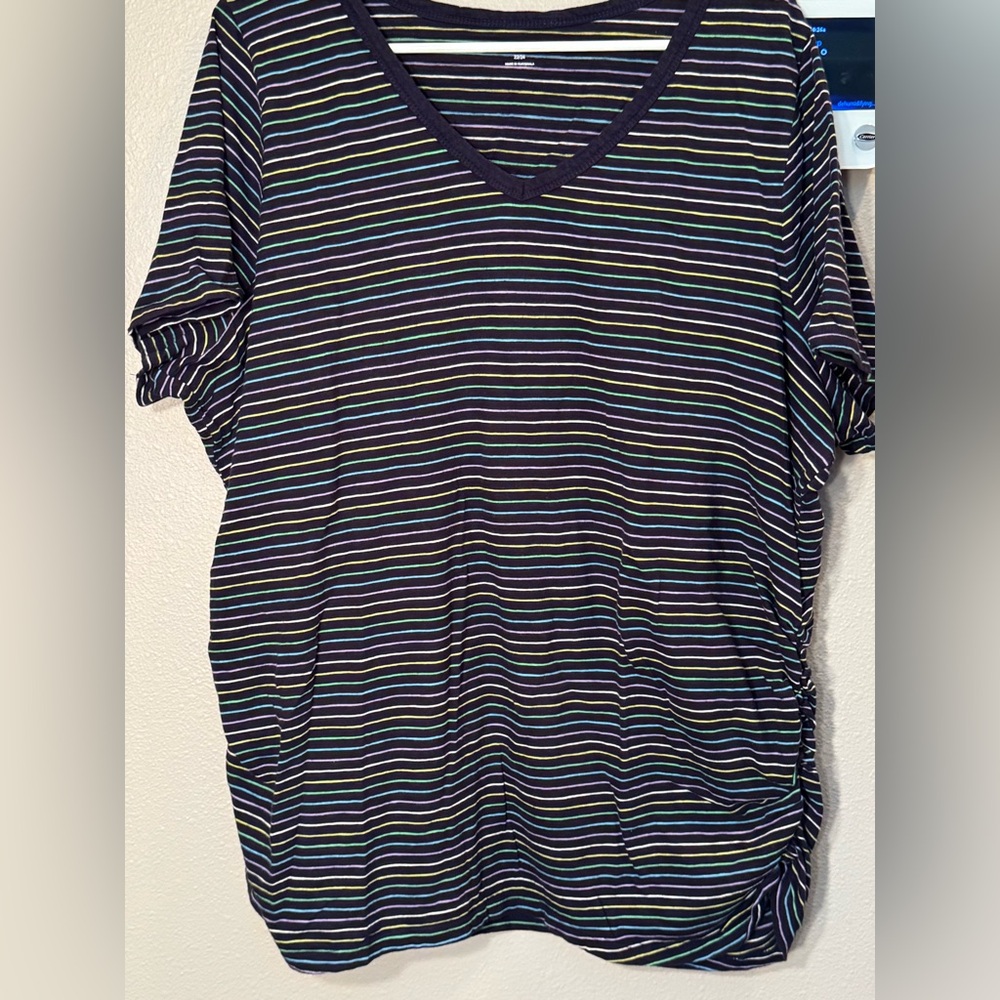 ☀️☀️☀️Lane Bryant Navy V-Neck Short Sleeve Tee with Pastel Stripes